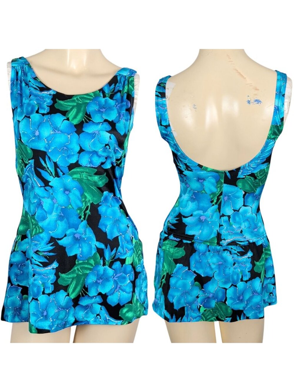 Vintage Roxanne Swim Dress 10 Blue Floral One Piece Skirted Swimsuit USA modest